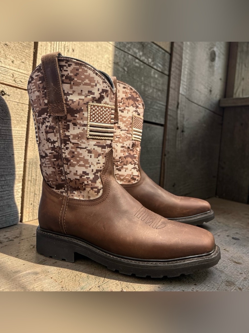 J.B. Dillon Men's Western Digital Camo Flag Leather Work Boot JBR1123 Size 10.5